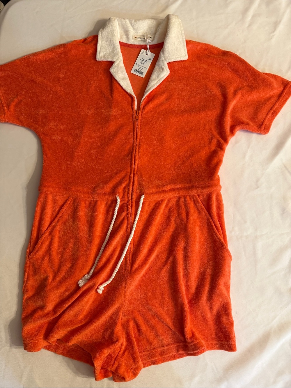 Marine Layer Orange Terry Short Romper with White Collar